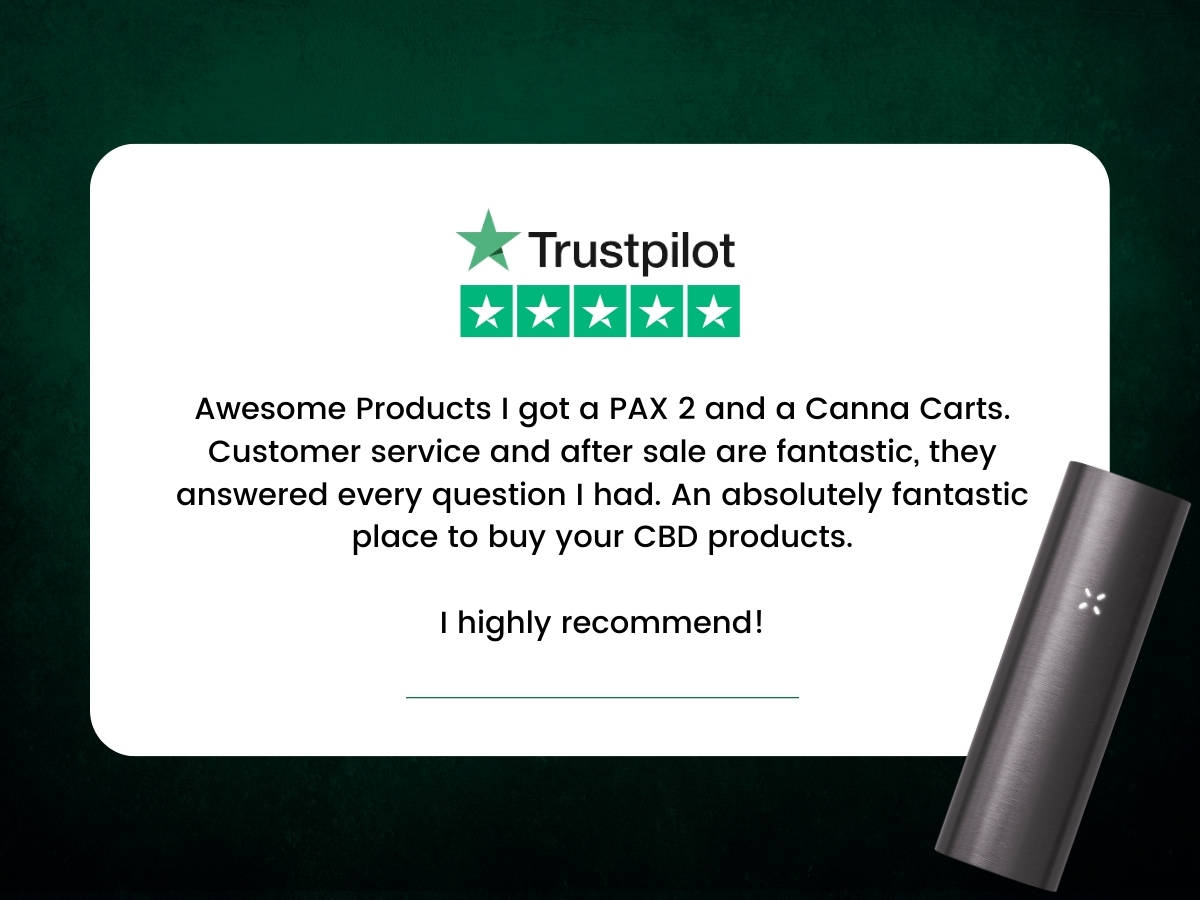 Hemptations CBD TrustPilot Review with green background and picture of the PAX 3 Black reading "Awesome Products I got a PAX 2 and a Canna Carts. Customer service and after sale are fantastic, they answered every question I had. An absolutely fantastic place to buy your CBD products. I highly recommend!"