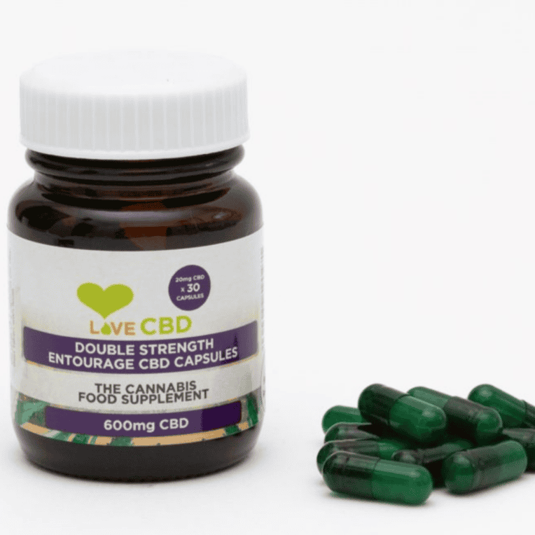 Love CBD Entourage Capsules 600mg 30x capsules beside bottle