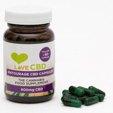 Love CBD Entourage Capsules 600mg 60x capsules beside bottle white background