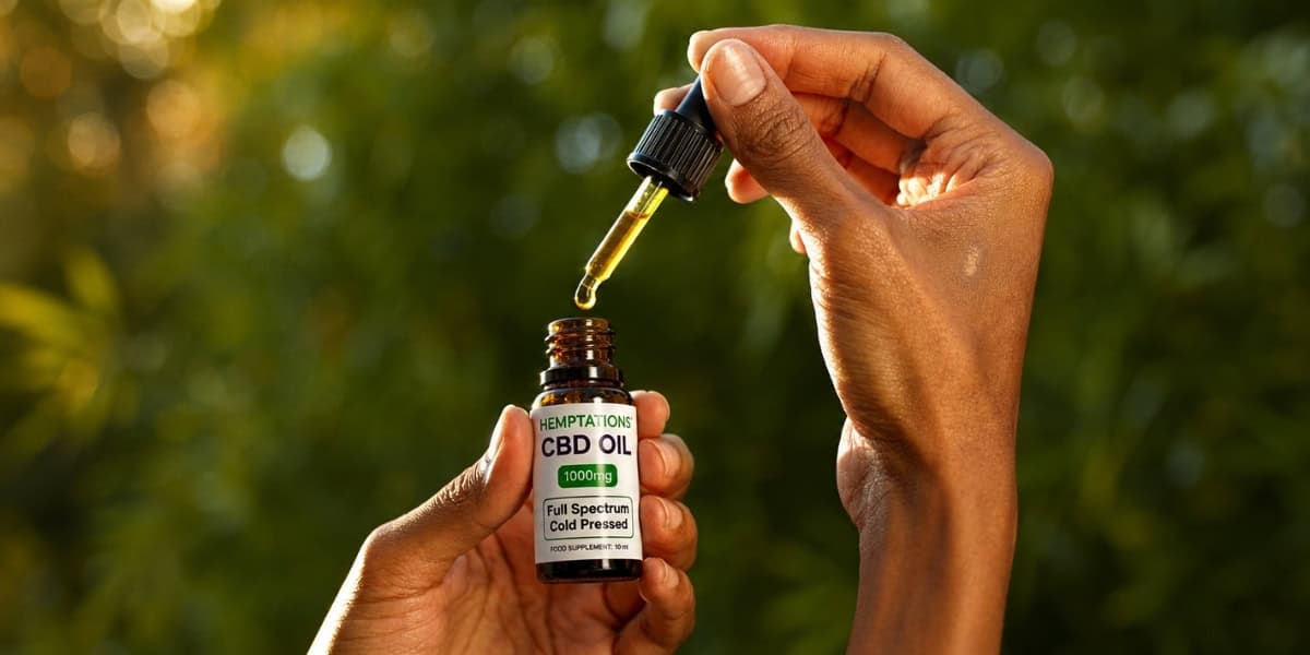 Man holding Hemptations CBD oil with pipette filled and blurred nature background