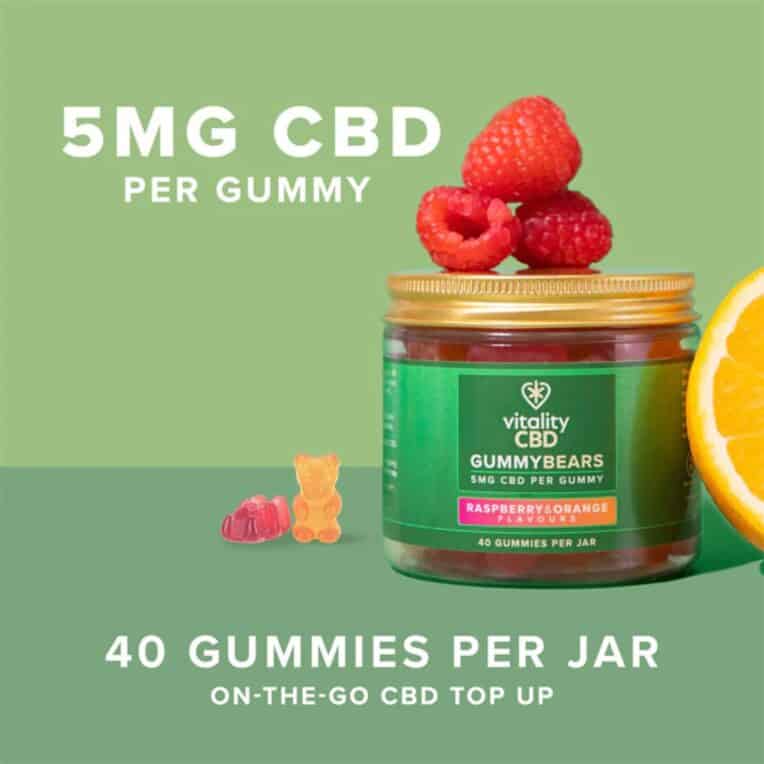 5mg CBD per gummy 40 gummies per jar - Vitality CBD Gummies with fruit, gummies and a green two tone background