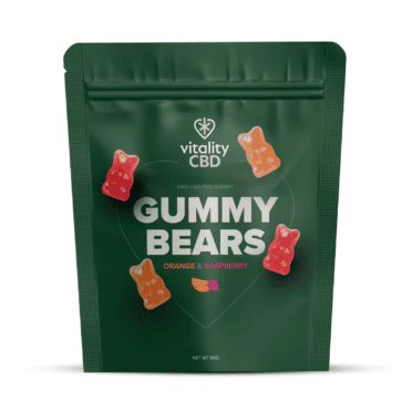 Vitality CBD Gummies orange raspberry new packaging white background with shadow beneath product