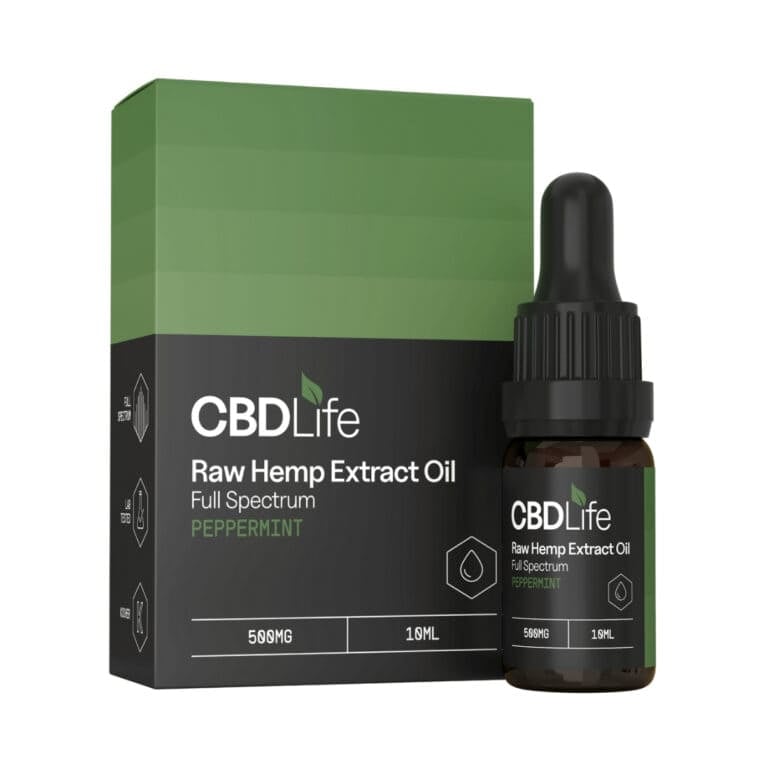 CBDLife Raw Hemp Extract Oil 500mg Peppermint bottle and box white background