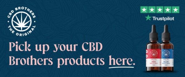 Pick up ypur cbd brothers products here blue background pink text CBD Brothers logo CBD oil TrustPilot