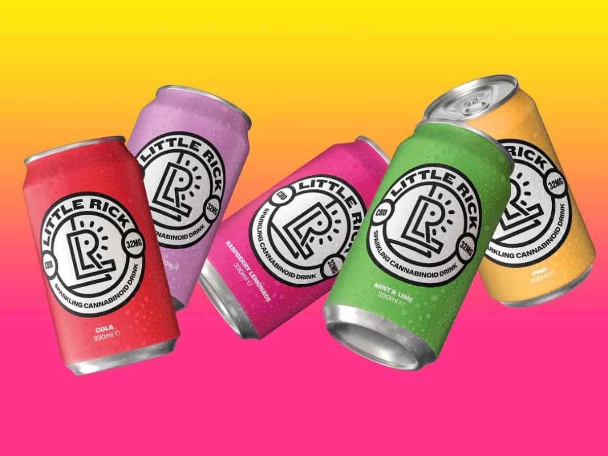 All 5 little rick CBD drinks scattered beside each other with a yellow and red backdrop