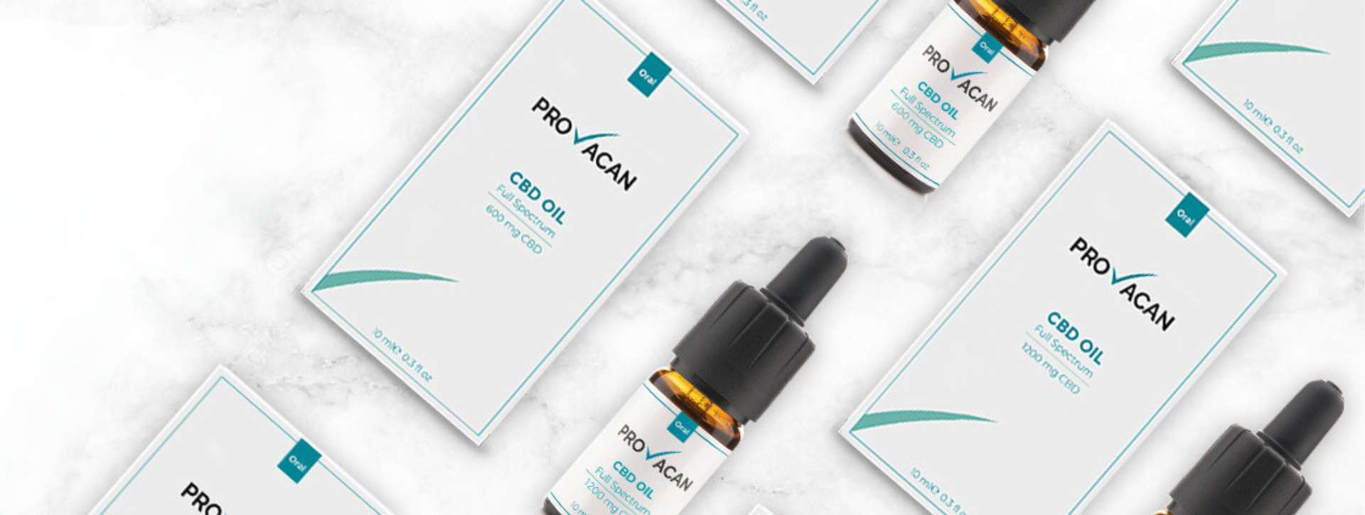 Provacan CBD Oils lying down with boxes white and grey background banner