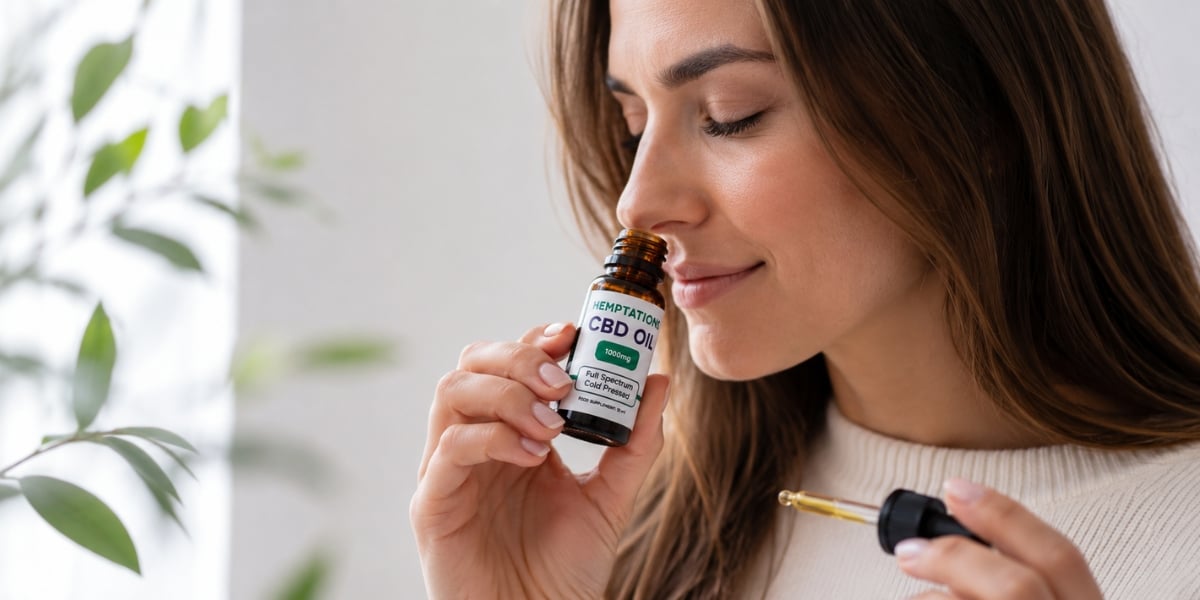 Woman smelling CBD Terpenes from Hemptations CBD Oil plant background