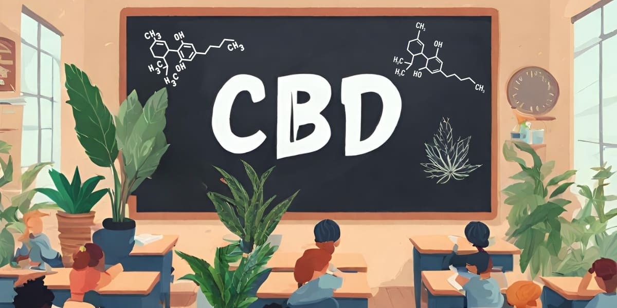 classroom with plants and guide to cannabinoids CBD on the blackboard brown background