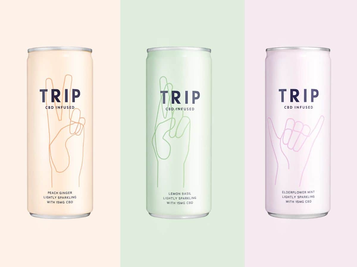 TRIP CBD Drink Cans split screen in three with coloured background