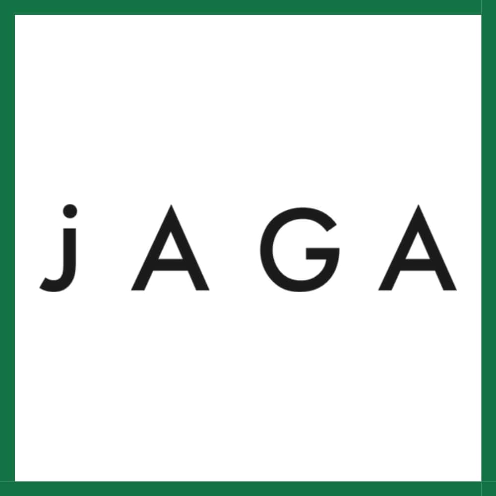 Black jAGA logo white background green trim