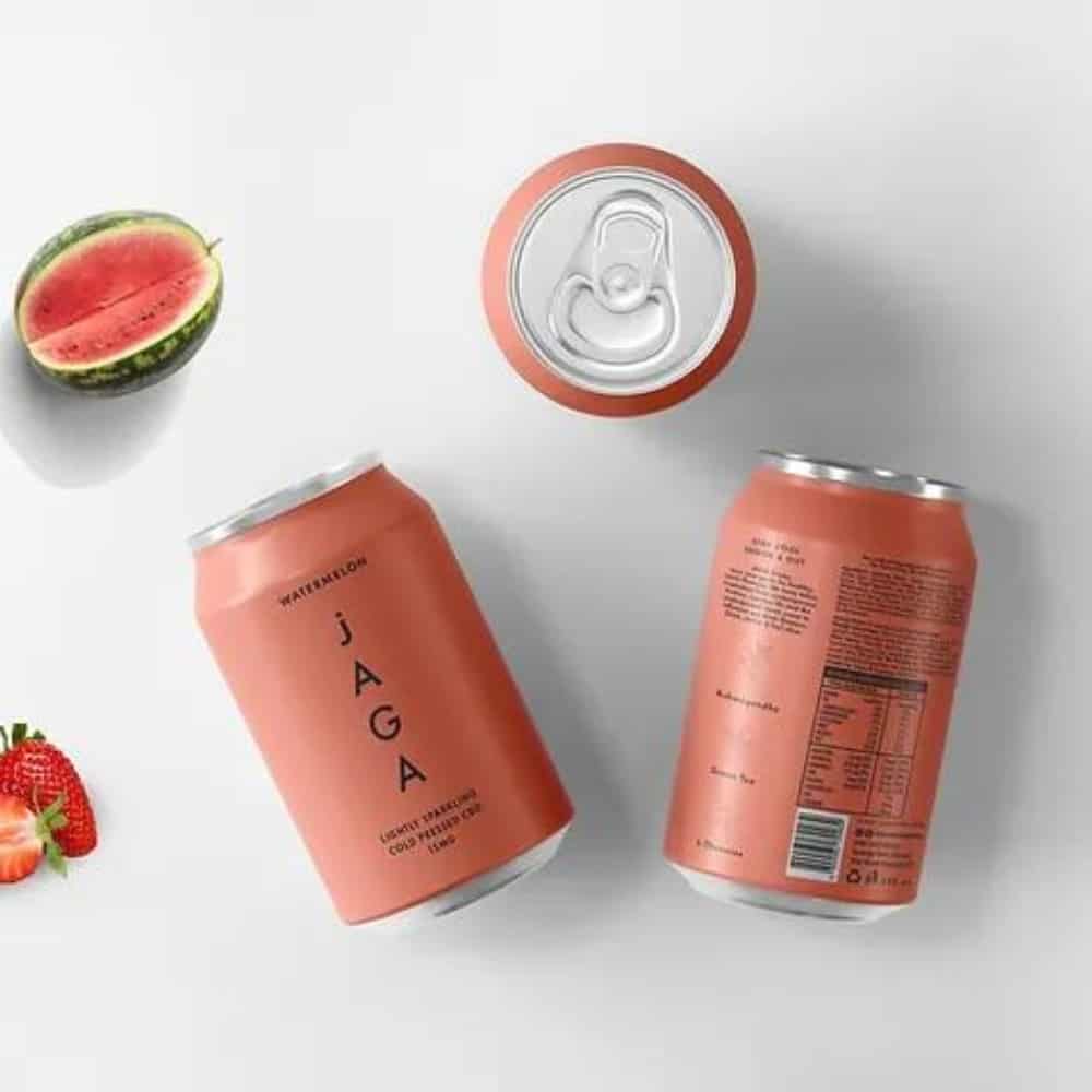 jAGA Watermelon Drink on countertop with melon and strawberry grey background