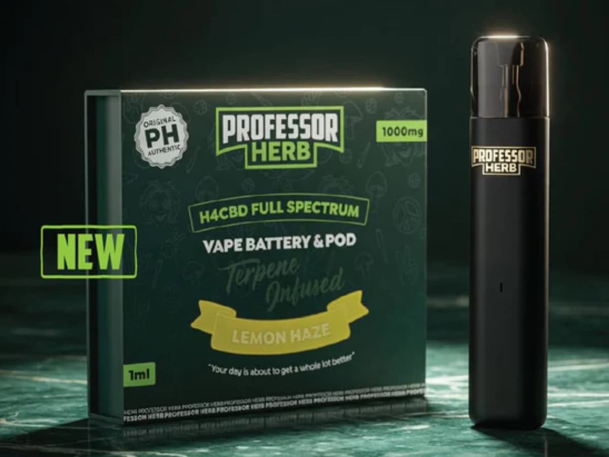 Professor Herb H4CBD Vape with pen and box sitting up "new" green background