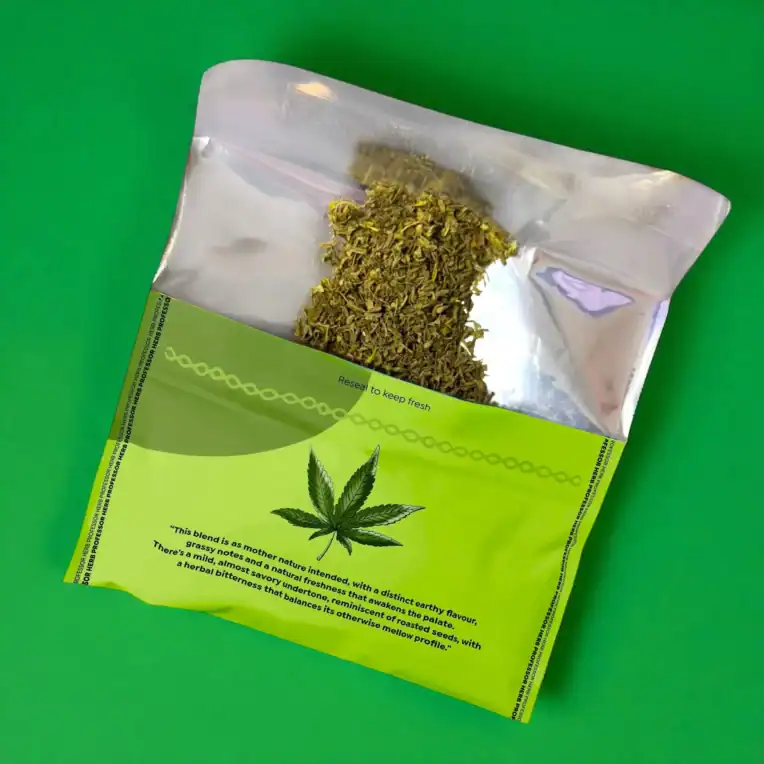 Professor Herb Hemp Smoking Blend 1400mg CBD - Classic Organic Open Spilled material green background
