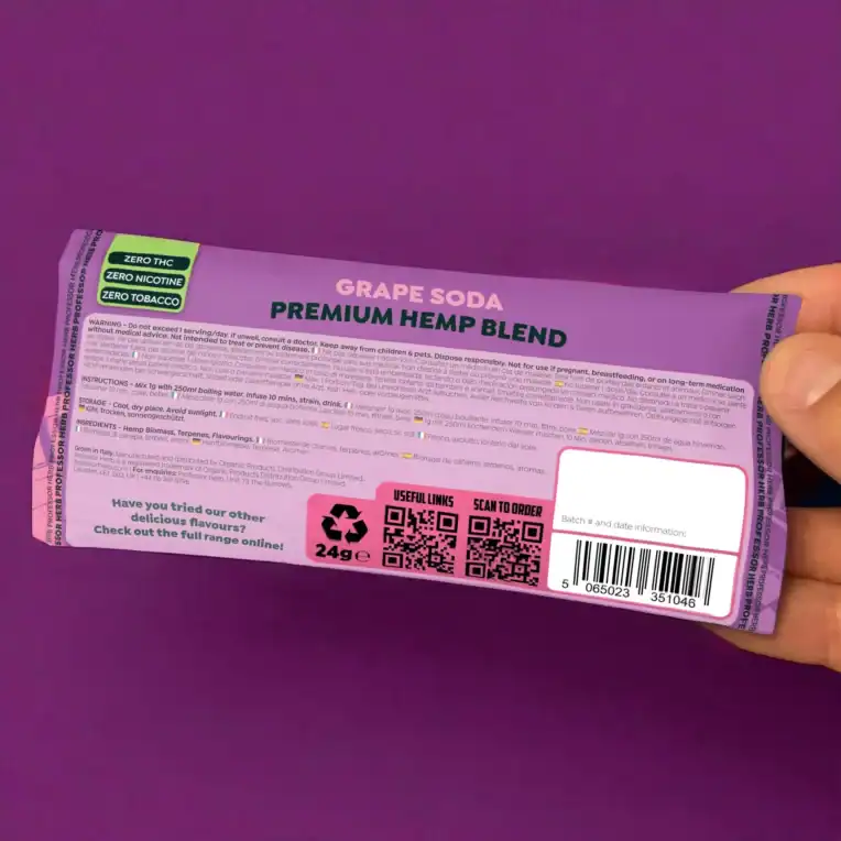 Professor Herb Hemp Smoking Blend 1400mg CBD - Grape Soda back of pack purple background