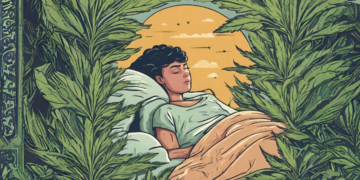Cartoon of a woman in blue sleeping peacefully surrounded by large CBD rich hemp plants