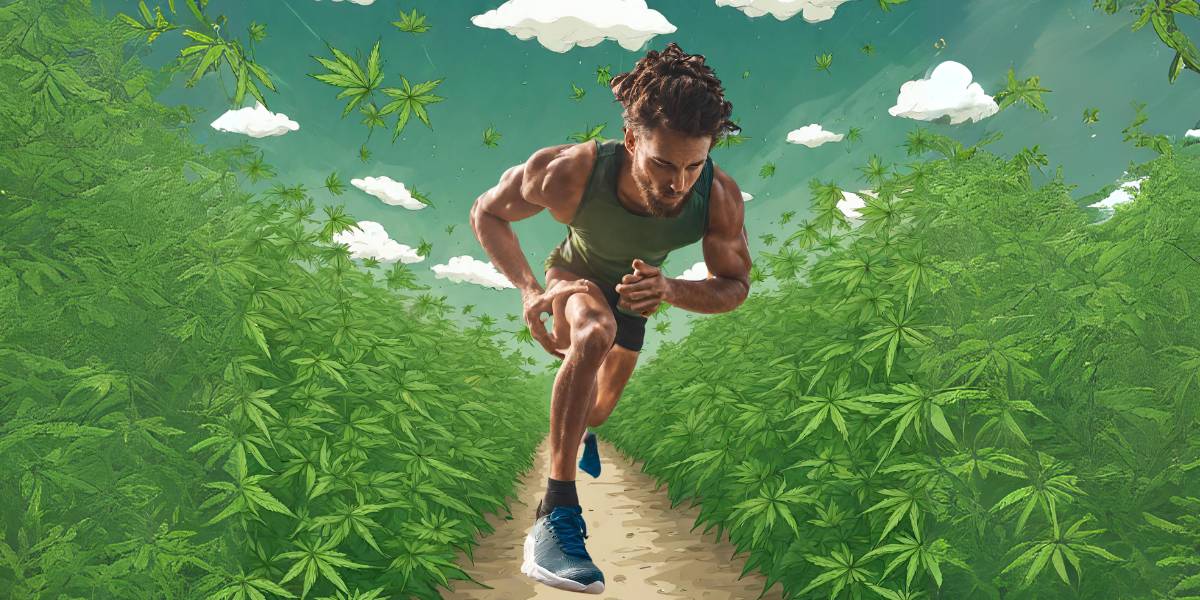 Athlete running through fields of CBD hemp with blue sky green vest and shorts