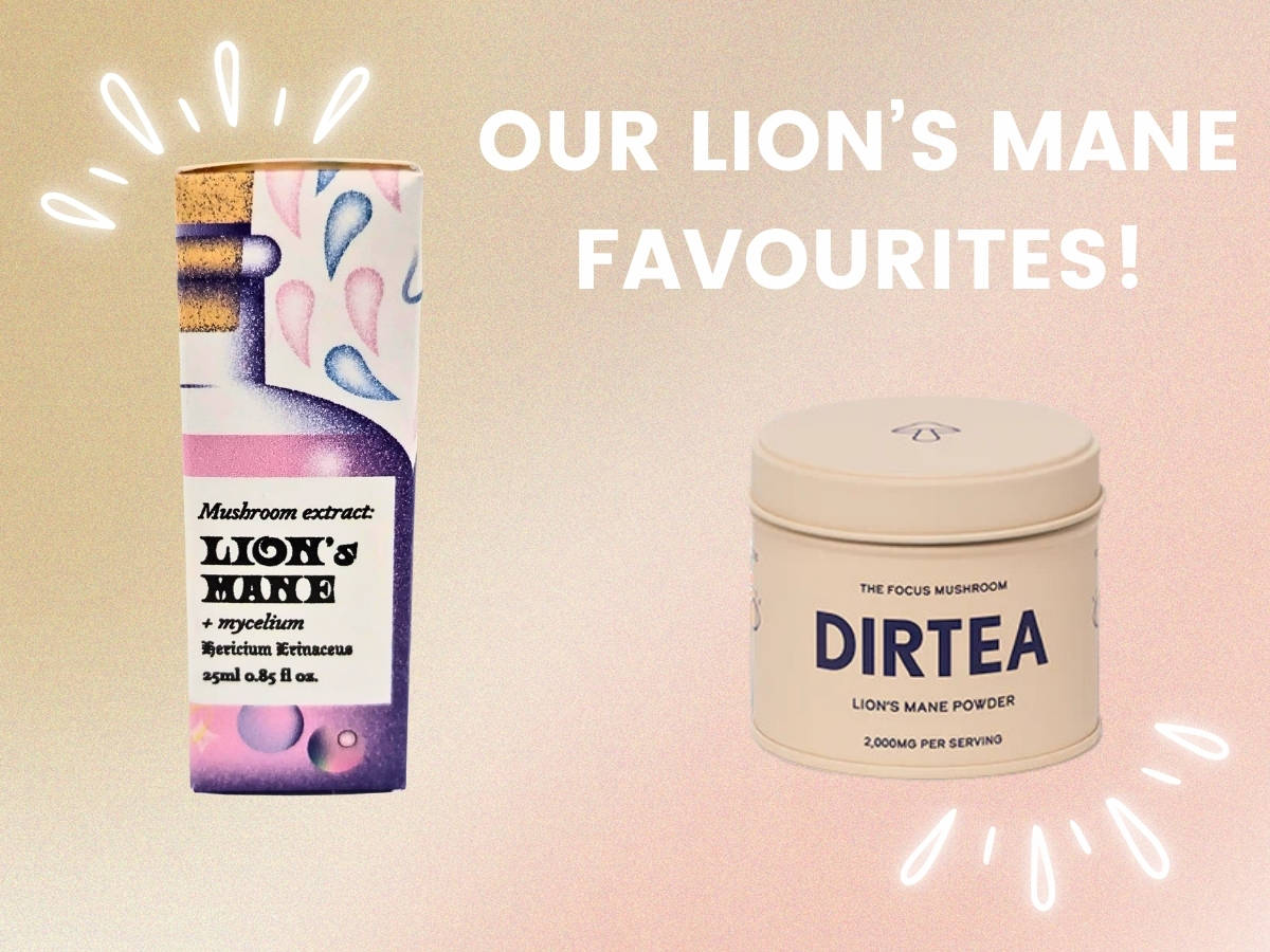SporeShore and Dirtea Lion's Mane tea products against a beige background with Our Lion's Mane Favourites written in white