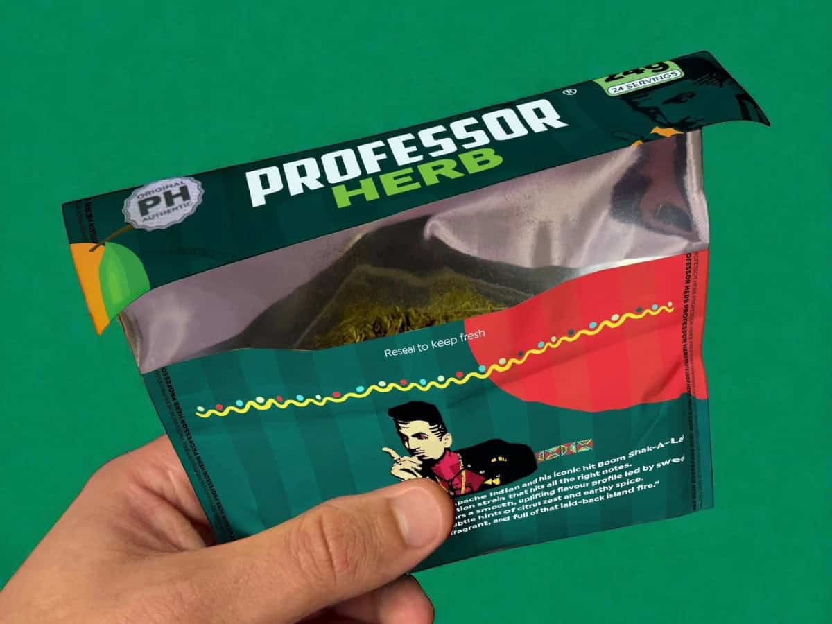 Professor Herb Tobacco Replacement packet open inside a hand green background