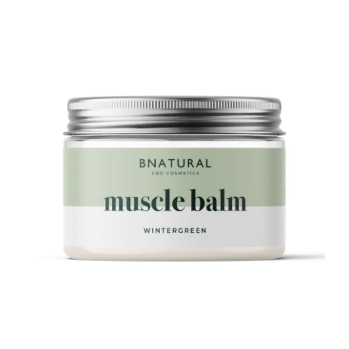 50ml glass jar of BNatural CBD Wintergreen Muscle Balm against a white background