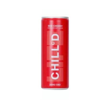 One can of Red Cherry CHILL°D 20mg CBD Sparkling Soft Drink against a white background