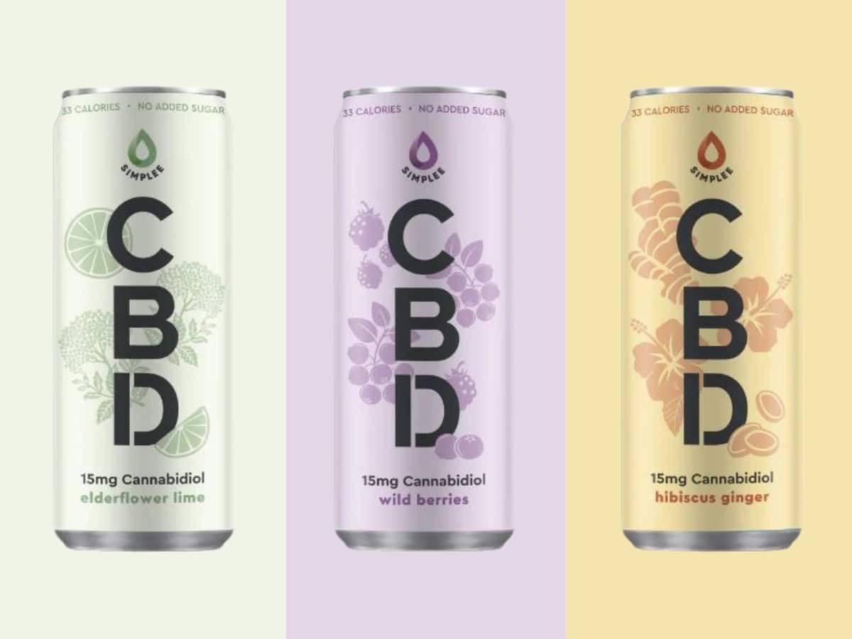 the three simplee cbd drink flavours in a row, with colour co-ordinating backgrounds behind them