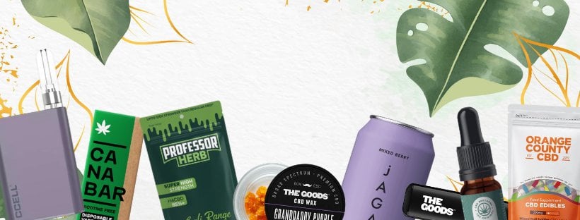 Numerous CBD Products in front of a leafy white orange and green background