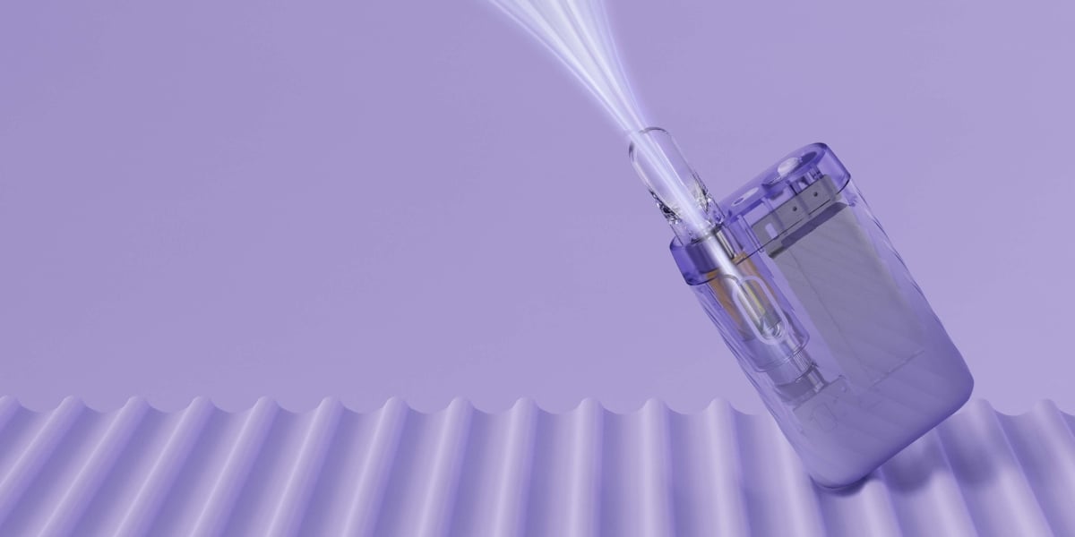 a purple ccell sandwave cbd vape pen, with streams of light coming from the mouthpiece