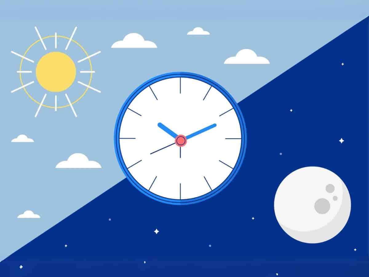 an alarm clock dividing two blue backgrounds, with a light blue representing the daytime with the sunshine on the left, and a moon against a dark blue background representing the night on the right - a visual aid for the circadian rhythm