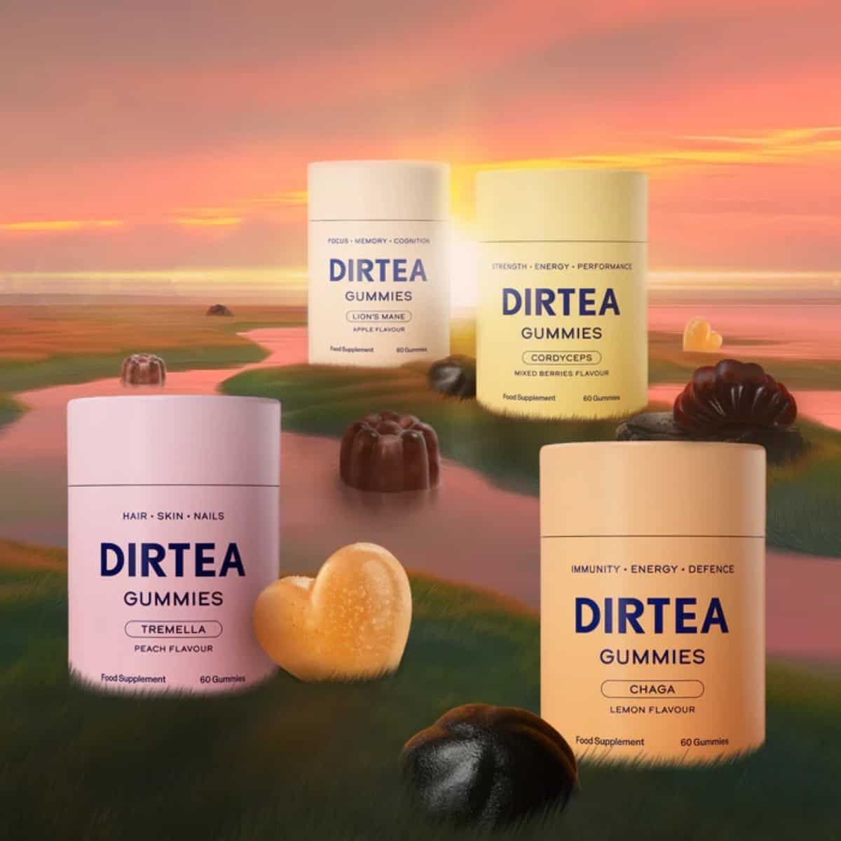 DIRTEA Mushroom Gummies all flavours in a meadow