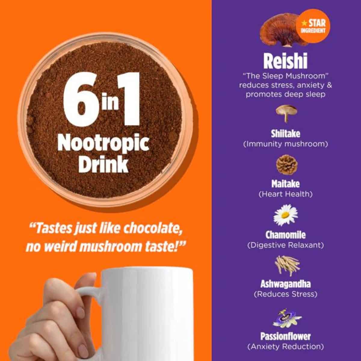 Orange County Brain Food 6 in 1 Nootropic Coffee "tastes just like chocolate no weird mushroom taste" orange and purple split background
