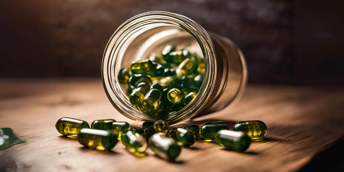 Can you overdose on CBD capsules spilled from bottle on brown table dark background