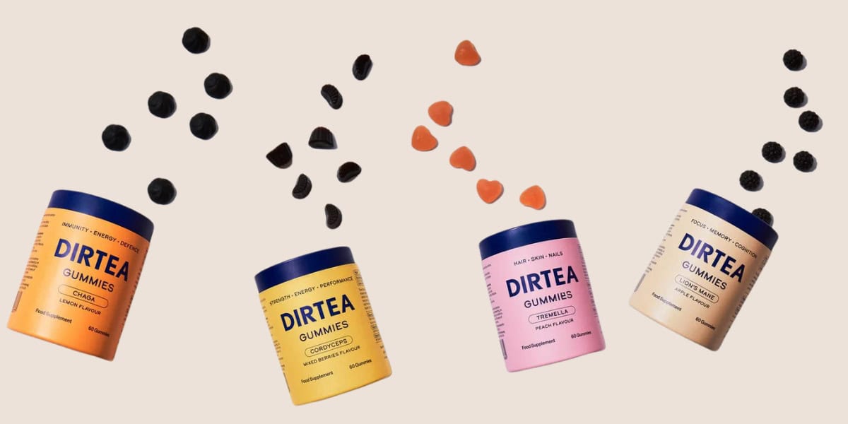 DIRTEA Gummies spilled out onto beige background