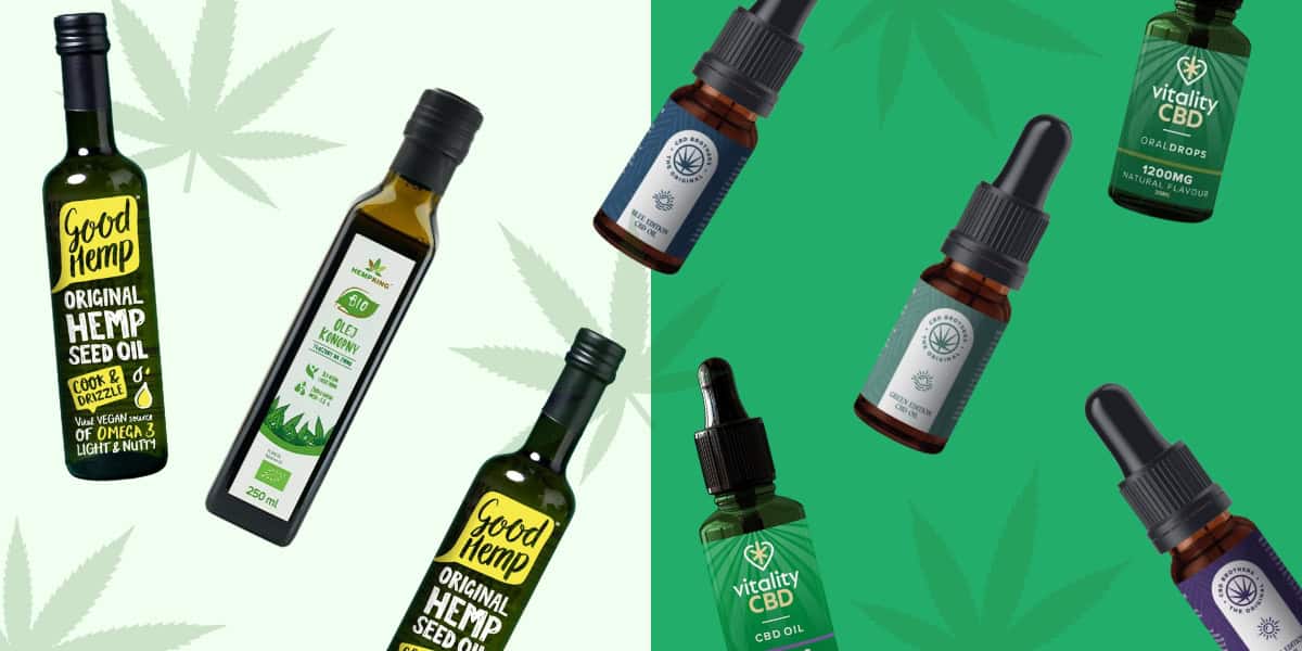 hemp oil vs CBD oil bottles of both falling across a light green and dark green split background with faded hemp leaves