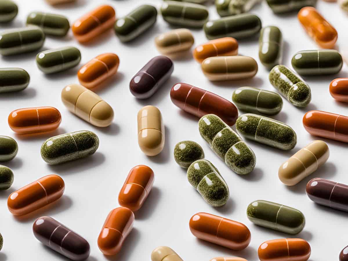 CBD capsules filled with hemp beside traditional pharmaceutical capsules white background