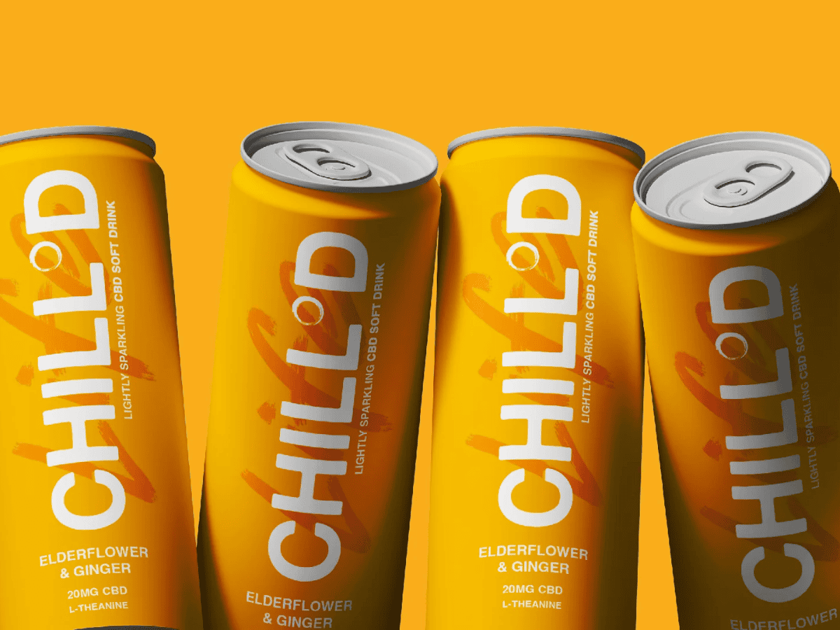 Elderflower and Ginger CHILL°D CBD Drinks lined up with yellow background