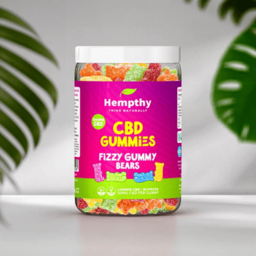 Hempthy CBD Fizzy Gummy Bears 1200mg grey plant background