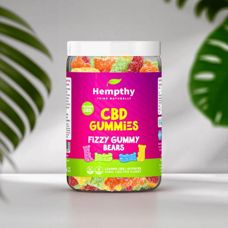 Hempthy CBD Fizzy Gummy Bears 1200mg grey plant background