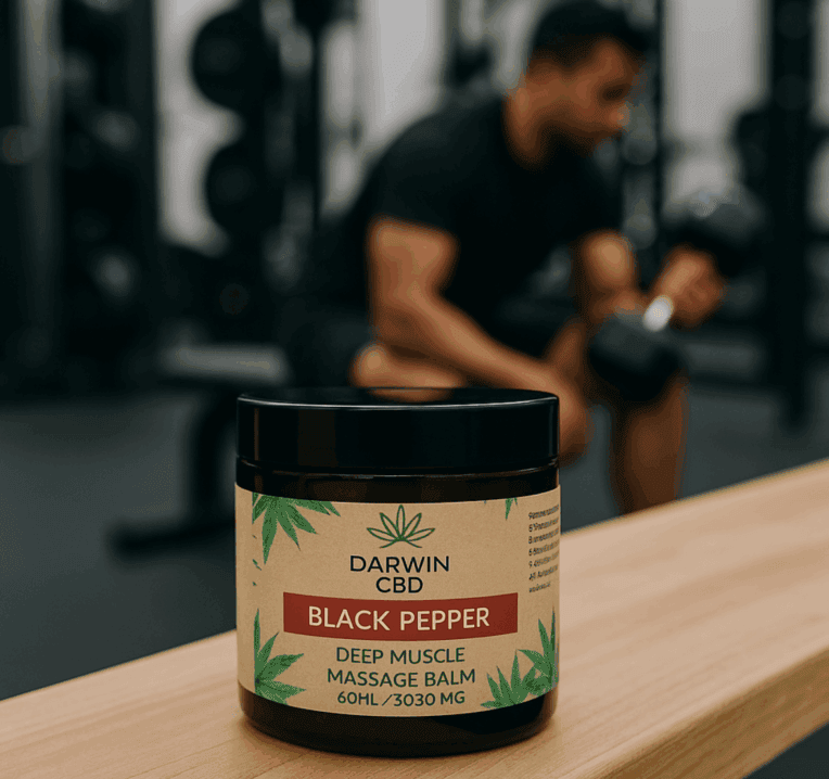 Darwin CBD and Black Pepper Muscle Balm Gym background