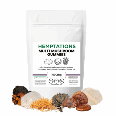 Hemptations Multi Mushroom Gummies white background with 6 mushrooms
