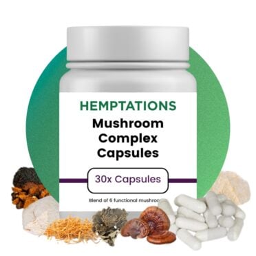 Hemptations Mushroom Complex Capsules with mushrooms green and white background