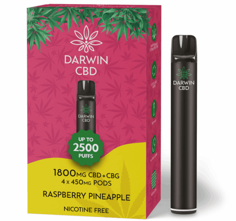 Darwin CBD Starter Kit – 1800mg – Raspberry Pineapple white background pen and box
