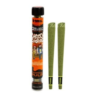 2x G-Rollz Cheech & Chong Terpene Infused Blunt Cones Fruit Punch flavour with glass case and white background