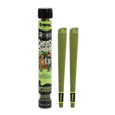 2x G-Rollz Cheech & Chong Terpene Infused Blunt Cones Green Punch flavour with glass case white background