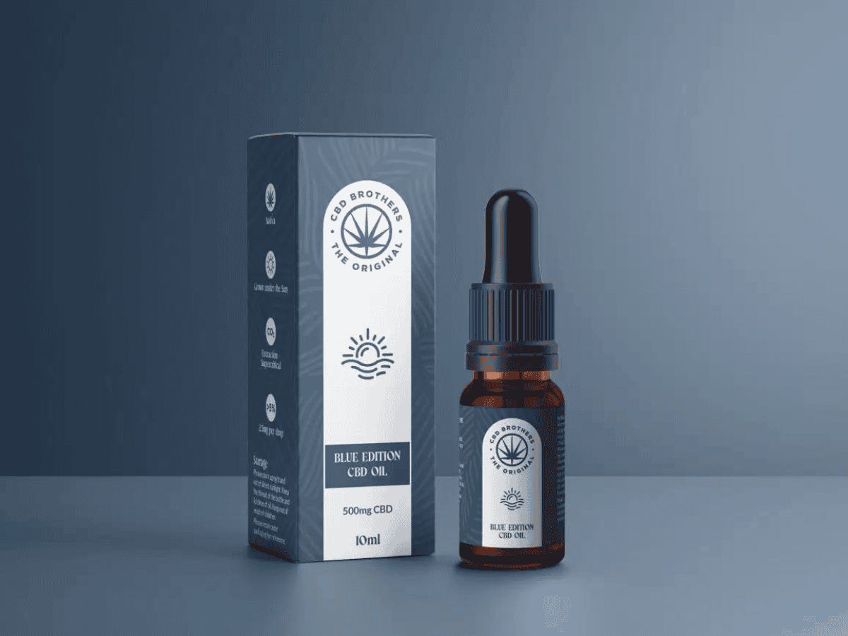 CBD Brothers Full Spectrum CBD Oil Blue Edition box and bottle with blue background