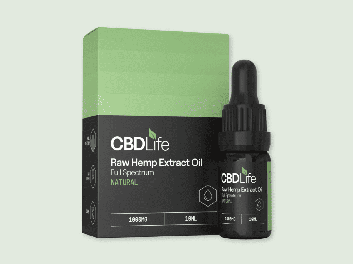 CBD Life raw hemp extract oil in a dropper bottle with packaging, natural CBD supplement UK.